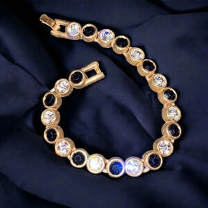Vintage MOD brand Black + Clear Rhinestone Gold Tone Tennis Bracelet